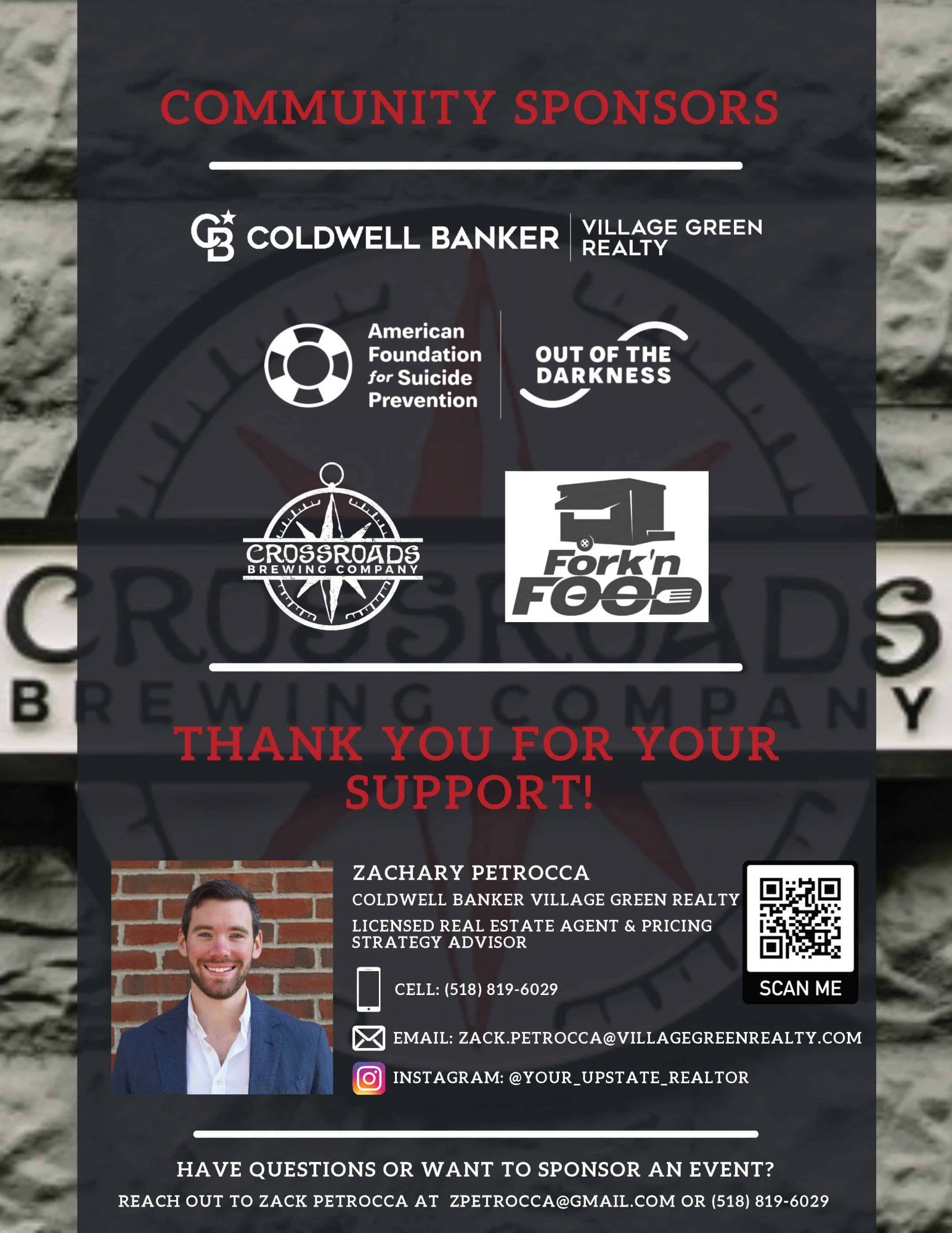image of flyer of event sponsors. Coldwell Banker Village Green Realty, Fork'n food, crossroads brewing company, and the american foundation for suicide prevention. Thank you for your support!
